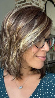 Brea @getwiggywithbrea wearing MELLOW by ESTETICA in shade CKISSRT4 | Golden Brown with Copper Blonde Highlights and Dark Brown Roots