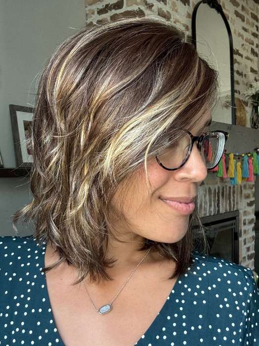 Brea @getwiggywithbrea wearing MELLOW by ESTETICA in shade CKISSRT4 | Golden Brown with Copper Blonde Highlights and Dark Brown Roots