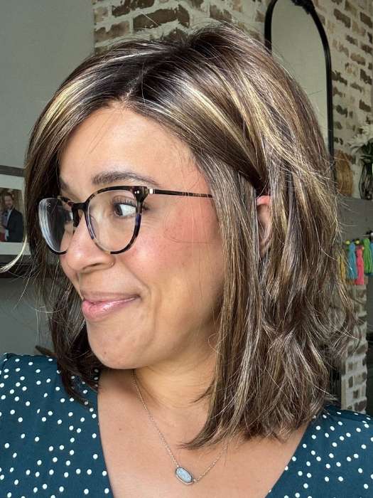 Brea @getwiggywithbrea wearing MELLOW by ESTETICA in shade CKISSRT4 | Golden Brown with Copper Blonde Highlights and Dark Brown Roots