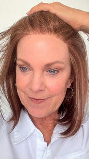 Susan @an_affair_with_hair wearing CAMERON LITE PETITE by JON RENAU in color 32F CHERRY CREME | Medium Red & Medium Red-Gold Blonde Blend with Medium Red Nape