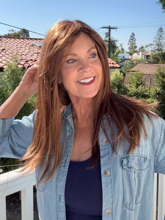 Susan @an_affair_with_hair wearing CAMILLA by JON RENAU in color 30A27S4 SHADED PEACH | Medium Natural Red & Medium Red-Gold Blonde Blend, Shaded with Dark Brown