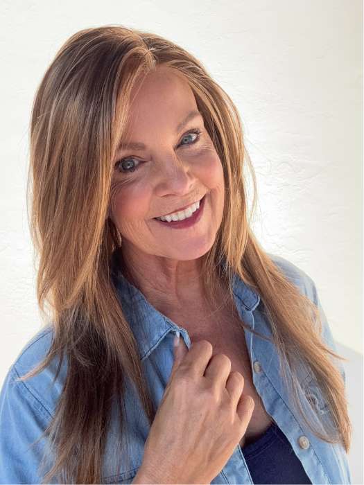 Susan @an_affair_with_hair wearing ZARA by JON RENAU in color FS27 STRAWBERRY SYRUP | Medium Red-Gold Blonde with Gold Blonde Bold Highlights