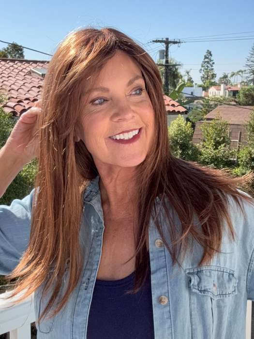 Susan @an_affair_with_hair wearing ZARA by JON RENAU in color FS27 STRAWBERRY SYRUP | Medium Red-Gold Blonde with Gold Blonde Bold Highlights