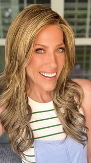 Kristyna Moore @kristynamoore wearing AMBER LARGE by JON RENAU in color 24BT18S8 SHADED MOCHA | Medium Natural Ash Blonde & Light Natural Gold Blonde Blend, Shaded with Medium Brown