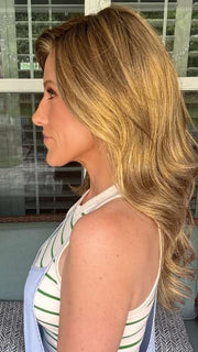 Kristyna Moore @kristynamoore wearing AMBER LARGE by JON RENAU in color 24BT18S8 SHADED MOCHA | Medium Natural Ash Blonde & Light Natural Gold Blonde Blend, Shaded with Medium Brown
