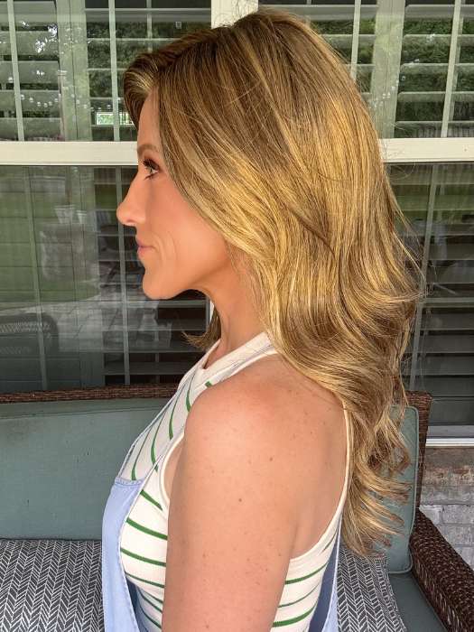 Kristyna Moore @kristynamoore wearing AMBER LARGE by JON RENAU in color 24BT18S8 SHADED MOCHA | Medium Natural Ash Blonde & Light Natural Gold Blonde Blend, Shaded with Medium Brown