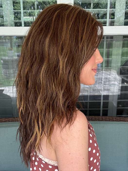 Kristyna Moore @kristynamoore wearing ROXIE by RENE OF PARIS in color MARBLE-BROWN | Medium Brown and Light Honey Brown evenly blended