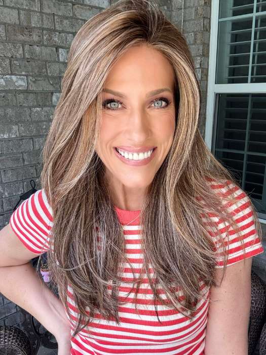 Kristyna Moore @kristynamoore wearing LEADING EDGE by TRESSALLURE in color 17/23/R8 | Beige Blonde and Auburn Blended with Medium Brown Roots