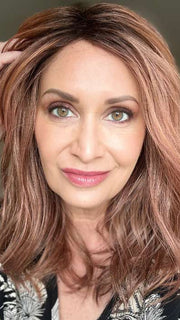 Emily H. @she_sheds_more wearing TABU by ELLEN WILLE in color ROSEWOOD ROOTED | Medium Dark Brown Roots that Melt into a Mixture of Saddle Brown and Terra-Cotta Tones with Dark Roots