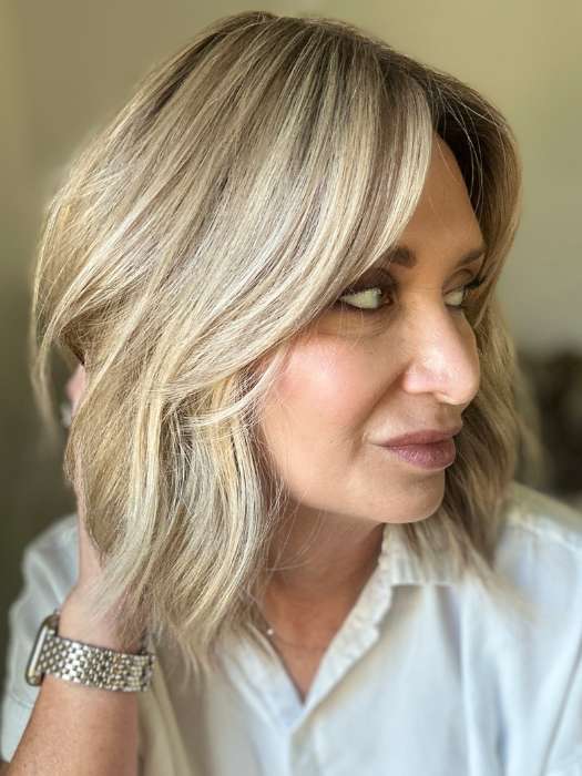 Emily H. @she_sheds_more wearing HOLLIE by JON RENAU in color 12FS8 SHADED PRALINE | Light Gold Brown, Light Natural Gold Blonde & Pale Natural Gold-Blonde Blend, Shaded with Medium Brown