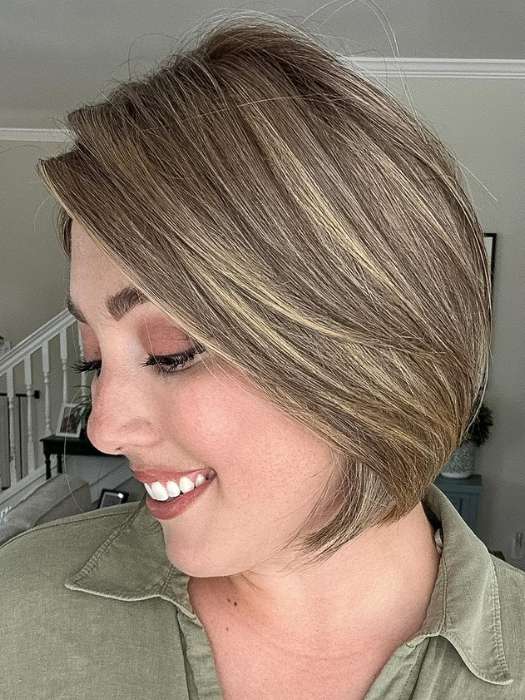 Jen Brown @being_mrs_brown wearing DAWN by JON RENAU in color 24BT18S8 SHADED MOCHA | Medium Natural Ash Blonde & Light Natural Gold Blonde Blend, Shaded with Medium Brown