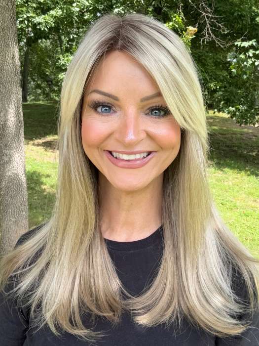 Sandy @i_be_wiggin wearing CAMILLA by JON RENAU in color 22F16S8 VENICE BLONDE | Light Ash Blonde and Light Natural Blonde Blend Shaded with Medium Brown