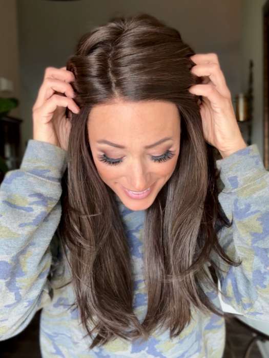 Nichole @nichole.alee wearing GLAM by TRESSALLURE in color 4/6R | Dark Brown