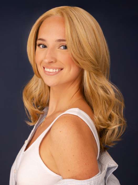 Model is wearing KIRBY by RENE OF PARIS in color CREAMY-TOFFEE | Light Platinum Blonde and Light Honey Blonde Evenly Blended