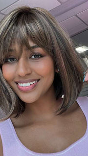 Model is wearing PAIGE PETITE by ENVY in color MEDIUM BROWN | Medium Brown with natural highlights