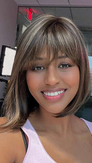 Model is wearing PAIGE PETITE by ENVY in color MEDIUM BROWN | Medium Brown with natural highlights