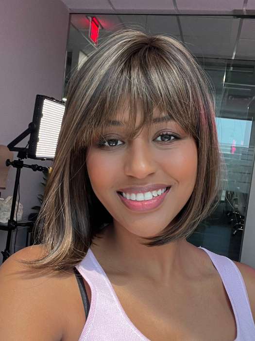 Model is wearing PAIGE PETITE by ENVY in color MEDIUM BROWN | Medium Brown with natural highlights