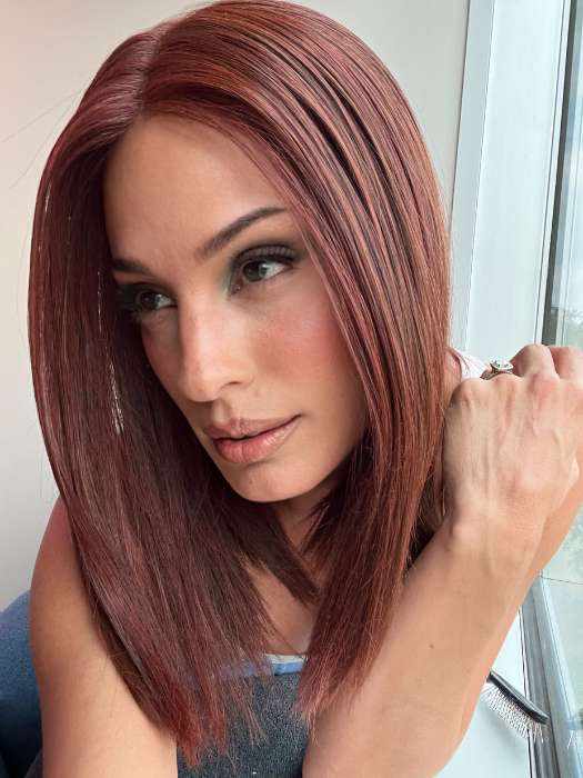 Model is wearing DRIVE by ELLEN WILLE in color CHERRY RED MIX 133.33 | Dark burgundy Red, blended with Fire Red