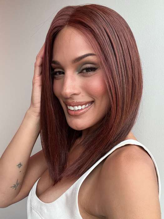 Model is wearing DRIVE by ELLEN WILLE in color CHERRY RED MIX 133.33 | Dark burgundy Red, blended with Fire Red