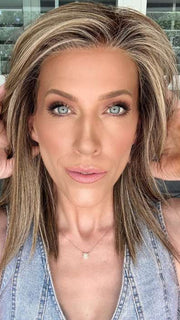 Kristyna Moore @kristynamoore wearing PERLA by BELLETRESS in color BROWN SUGAR COOKIE R | The roots are a Rich Brown Tone that seamlessly transitions into a Warm, Golden-Brown base. Delicate highlights in honey and toffee tones add dimension