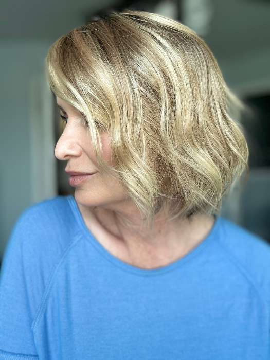 Emily @she_sheds_more wearing ESPRIT by ELLEN WILLE in color CARAMEL-ROOTED 20.14.26 | Medium Gold Blonde and Light Gold Blonde Blend with Light Brown Roots