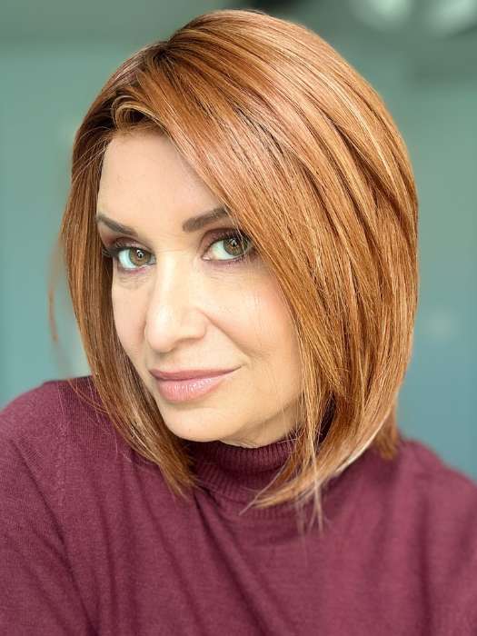 Emily H. @she_sheds_more wearing MARA by BELLE TRESS in color PUMPKIN PIE SPICE | A combination of Strawberry, Medium and Light Copper Red, Highlighted with Light Blond and Rooted with Medium Brown