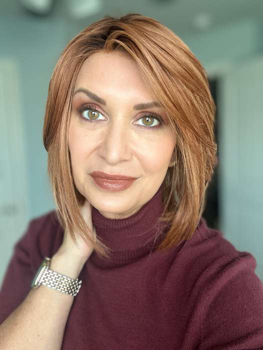 Emily H. @she_sheds_more wearing MARA by BELLE TRESS in color PUMPKIN PIE SPICE | A combination of Strawberry, Medium and Light Copper Red, Highlighted with Light Blond and Rooted with Medium Brown