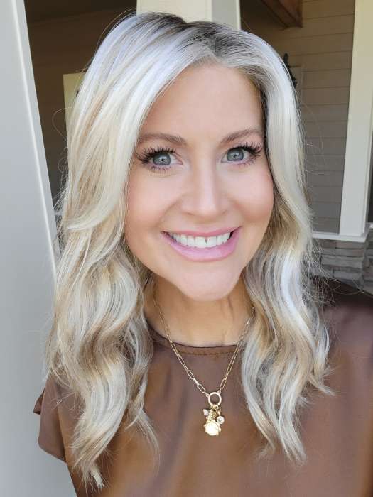 Natalie Gray @vanish.into.thin.hair wearing RACHEL by JON RENAU in color 101/88/27S8 CATALINA BLONDE | Pale blonde with Pure White Natural Violet halo highlights, shaded medium brown