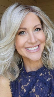 Natalie Gray @vanish.into.thin.hair wearing ROHAN by AMORE in color SEA SALT BLOND R | A perfect mixture of cool, icy-blond and warm-dark blond. The rich brown root tone enhances the modern appearance.
