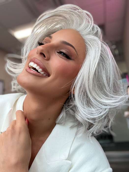 Model is wearing FLIRT ALERT by RAQUEL WELCH in color RL56/60 SILVER MIST | Lightest Gray Evenly Blended with Pure White