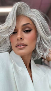 Model is wearing FLIRT ALERT by RAQUEL WELCH in color RL56/60 SILVER MIST | Lightest Gray Evenly Blended with Pure White