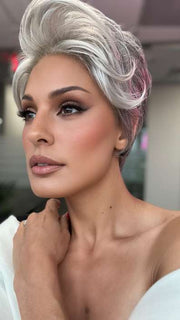 Model is wearing BETHANY by RENE OF PARIS in color SILVER-STONE | Dark Brown Base with Multi Grey Shades Blended