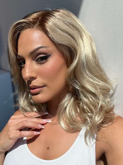 AMANDA by ENVY in color CHAMPAGNE SHADOW | Soft Dark Blonde with Platinum Highlights and Chestnut Roots