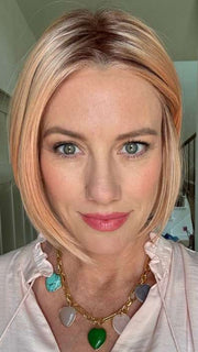 Jenny B. @thewiggygirl wearing DUA by ELLEN WILLE in color PEACH BLONDE SHADED | A soft, honey blonde that’s sun -kissed with a peach hue and radiant.