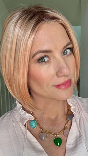 Jenny B. @thewiggygirl wearing DUA by ELLEN WILLE in color PEACH BLONDE SHADED | A soft, honey blonde that’s sun -kissed with a peach hue and radiant.