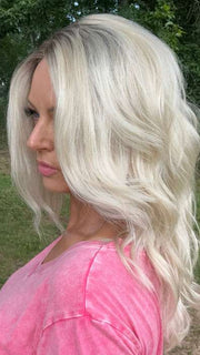 Sandy Holston @i_be_wiggin is wearing BLAZE by ESTETICA in SPF BLONDE | Golden Blonde, Pale Blonde, Iced Blonde Blended with Soft Brown Root