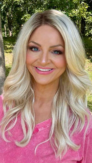Sandy Holston @i_be_wiggin is wearing BLAZE by ESTETICA in SPF BLONDE | Golden Blonde, Pale Blonde, Iced Blonde Blended with Soft Brown Root