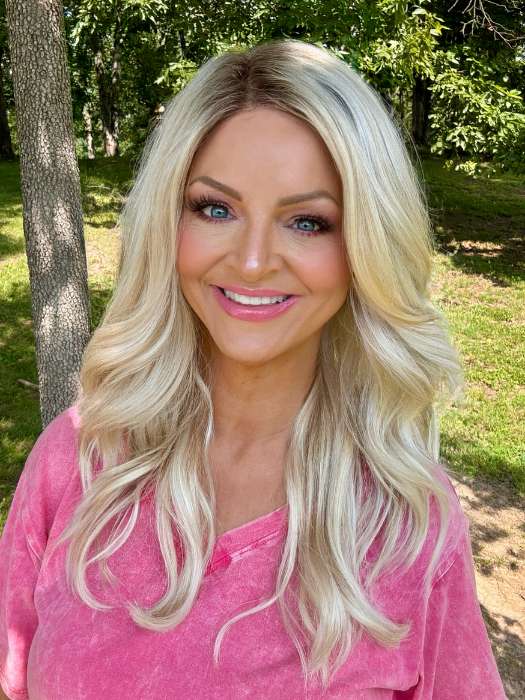 Sandy Holston @i_be_wiggin is wearing BLAZE by ESTETICA in SPF BLONDE | Golden Blonde, Pale Blonde, Iced Blonde Blended with Soft Brown Root