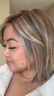 Arlah and Katrina @wearethehairsiss wearing ZARAGOZA by BELLETRESS in color MACADAMIA LATTE R | A combination of Medium and Light Brown, highlighted with Light Gold Blonde, and a mixture of Ash Blonde and Light Gold Blonde, Rooted with Medium and Light Brown
