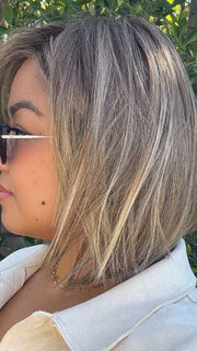 Arlah and Katrina @wearethehairsiss wearing ZARAGOZA by BELLETRESS in color MACADAMIA LATTE R | A combination of Medium and Light Brown, highlighted with Light Gold Blonde, and a mixture of Ash Blonde and Light Gold Blonde, Rooted with Medium and Light Brown