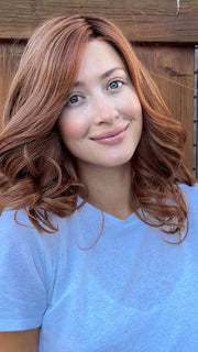 Steph @wigswithsteph is wearing TAYLOR by BELLETRESS in PUMPKIN PIE SPICE | A combination of Strawberry, Medium and Light Copper Red, Highlighted with Light Blond and Rooted with Medium Brown
