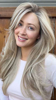 Steph @wigswithsteph is wearing FEATURE LENGTH by RAQUEL WELCH in RL19/23SS SHADED BISCUIT | Light Ash Blonde Evenly Blended with Cool Platinum Blonde with Dark Roots