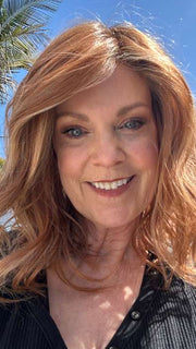 Susan Sparks @sparkles_intheworld wearing WAVY DAY by RAQUEL WELCH in shade RL29/33SS ICED PUMPKIN SPICE | Strawberry Blonde Shaded with Dark Red-Brown