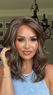 Crystal @crystallhoneycutt is wearing LAGUNA BEACH by BELLETRESS in DARK BROWN HL | A Blend of Dark Brown, Strawberry Light Auburn and Soft Chunky Medium and Dark Blonde Highlights.