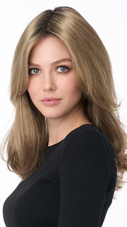 Model is wearing BOBBI by ENVY in color GOLDEN SANDSTONE | Creamy Beige-Blonde with Darker Brown Roots