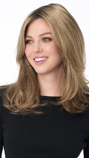 Model is wearing BOBBI by ENVY in color GOLDEN SANDSTONE | Creamy Beige-Blonde with Darker Brown Roots