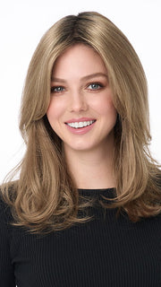 Model is wearing BOBBI by ENVY in color GOLDEN SANDSTONE | Creamy Beige-Blonde with Darker Brown Roots