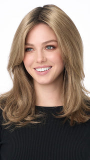 Model is wearing BOBBI by ENVY in color GOLDEN SANDSTONE | Creamy Beige-Blonde with Darker Brown Roots
