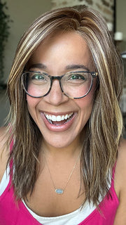 Brea @getwiggywithbrea wearing FENIX by ESTETICA in color CARAMELKISS | Golden Brown with Light Copper Blonde Highlights