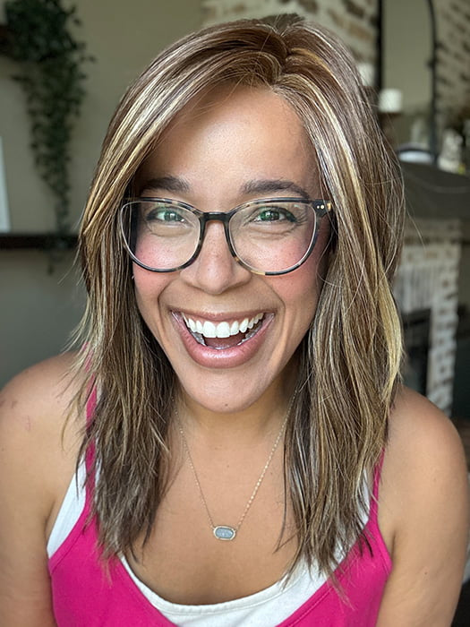 Brea @getwiggywithbrea wearing FENIX by ESTETICA in color CARAMELKISS | Golden Brown with Light Copper Blonde Highlights